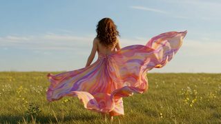 Woman in a flowing colorful sundress walking through a sunlit field, representing confidence, natural beauty, and glowing wellness from within