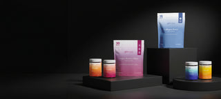 Glotrition Black Friday product display featuring Super Beauty Elixir, Collagen Boost, HairRx, Afterglo, Sleep, and Mood supplements arranged on black pedestals.