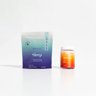 Two Glotrition products, a 'Sleep' package and an 'Afterglo' container, on a white background.