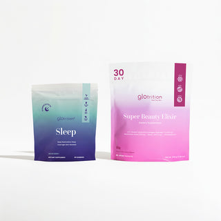Two Glotrition supplement packages, one for sleep and one for super beauty elixir, on a white background.