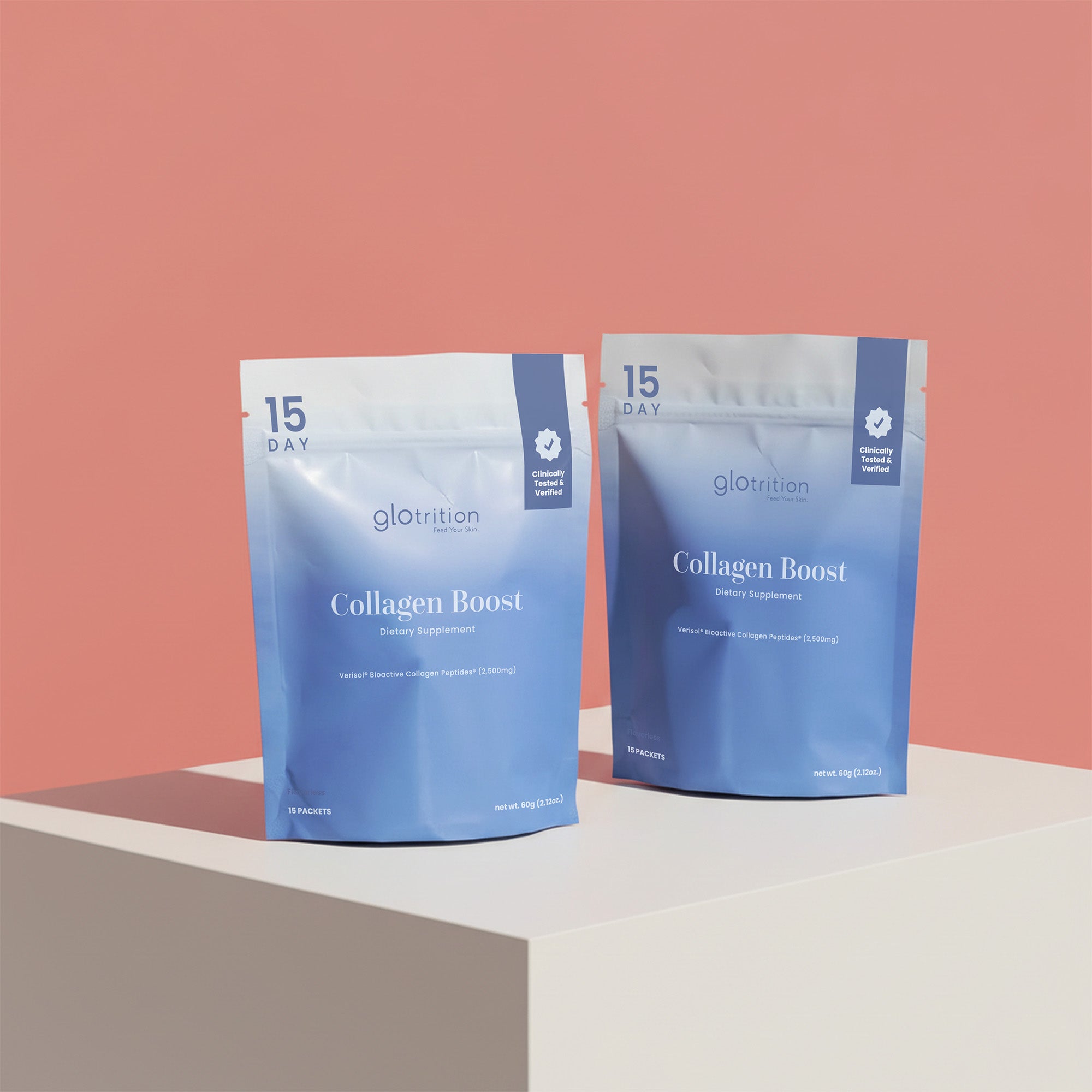 Glotrition Collagen Boost dietary supplement packets on display, featuring clinically tested bioactive collagen peptides