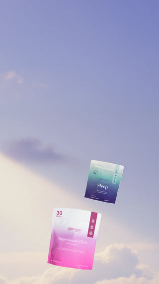 Two packages of 'Sleep' and 'Super Smooth Skin' products against a sky background