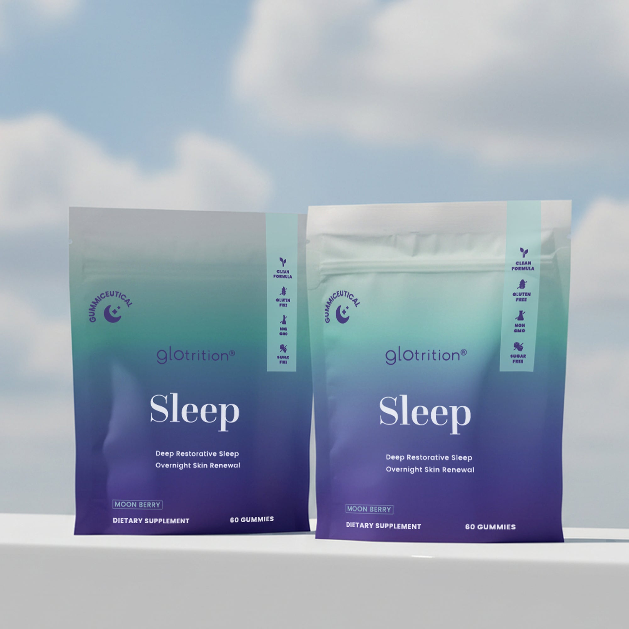 Two packages of gloritrition Sleep dietary supplements with a gradient blue and purple design.
