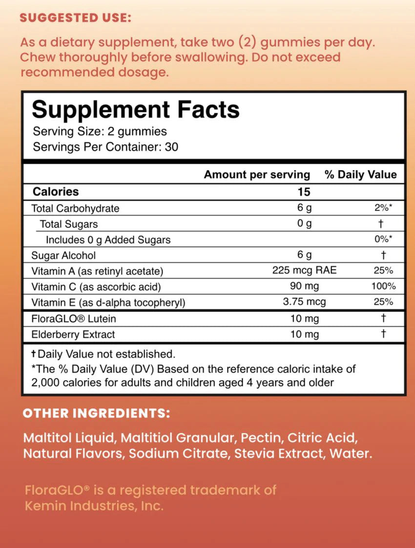 Afterglo nutritional label showing supplement facts, ingredients, serving size, Ceramosides dose, and antioxidant blend.
