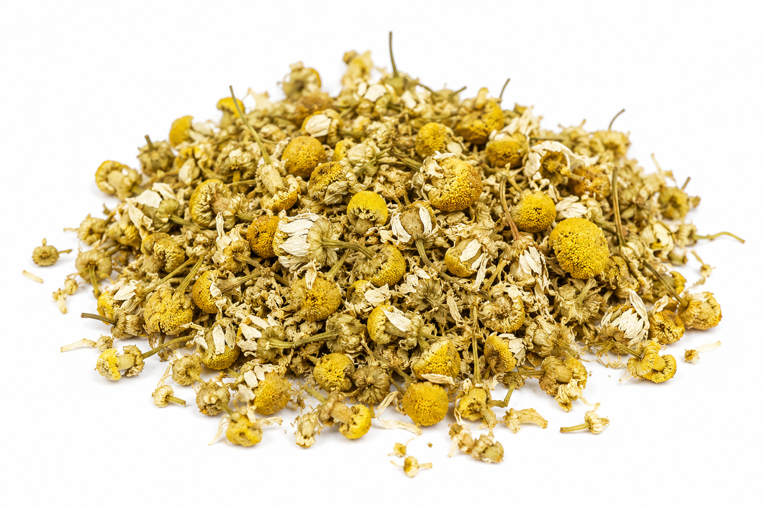 Heap of dried chamomile flowers on a white background