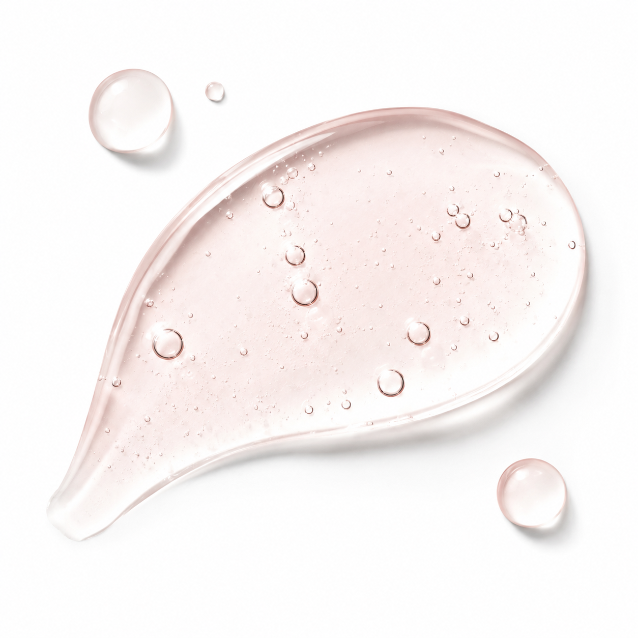Pink skincare gel droplet with bubbles on a white background