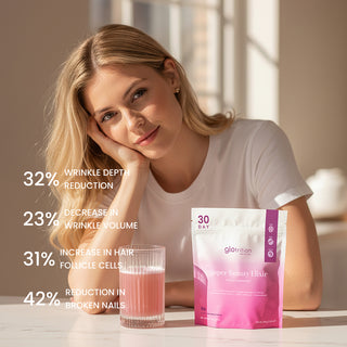 Woman sitting at a table with a 'Super Beauty Elixir' package and glass of pink liquid, with text on skincare benefits.