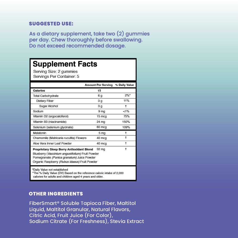 Supplement label with dietary information on a blue gradient background
