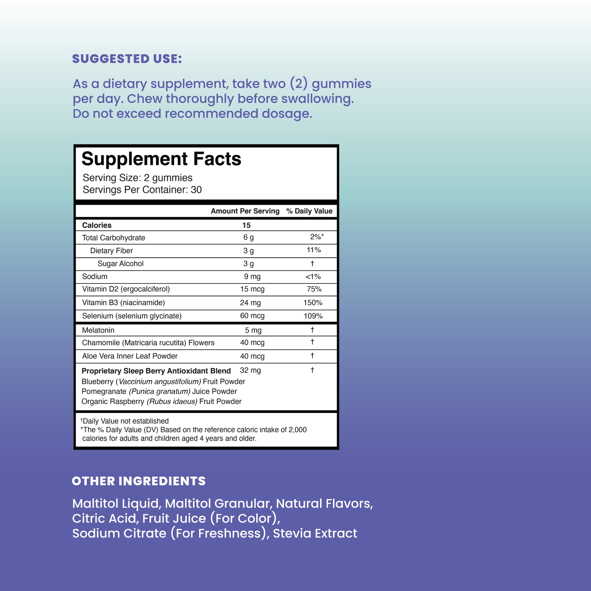 Sleep supplement facts panel showing melatonin, chamomile, aloe vera, antioxidant berry blend, and serving size details.