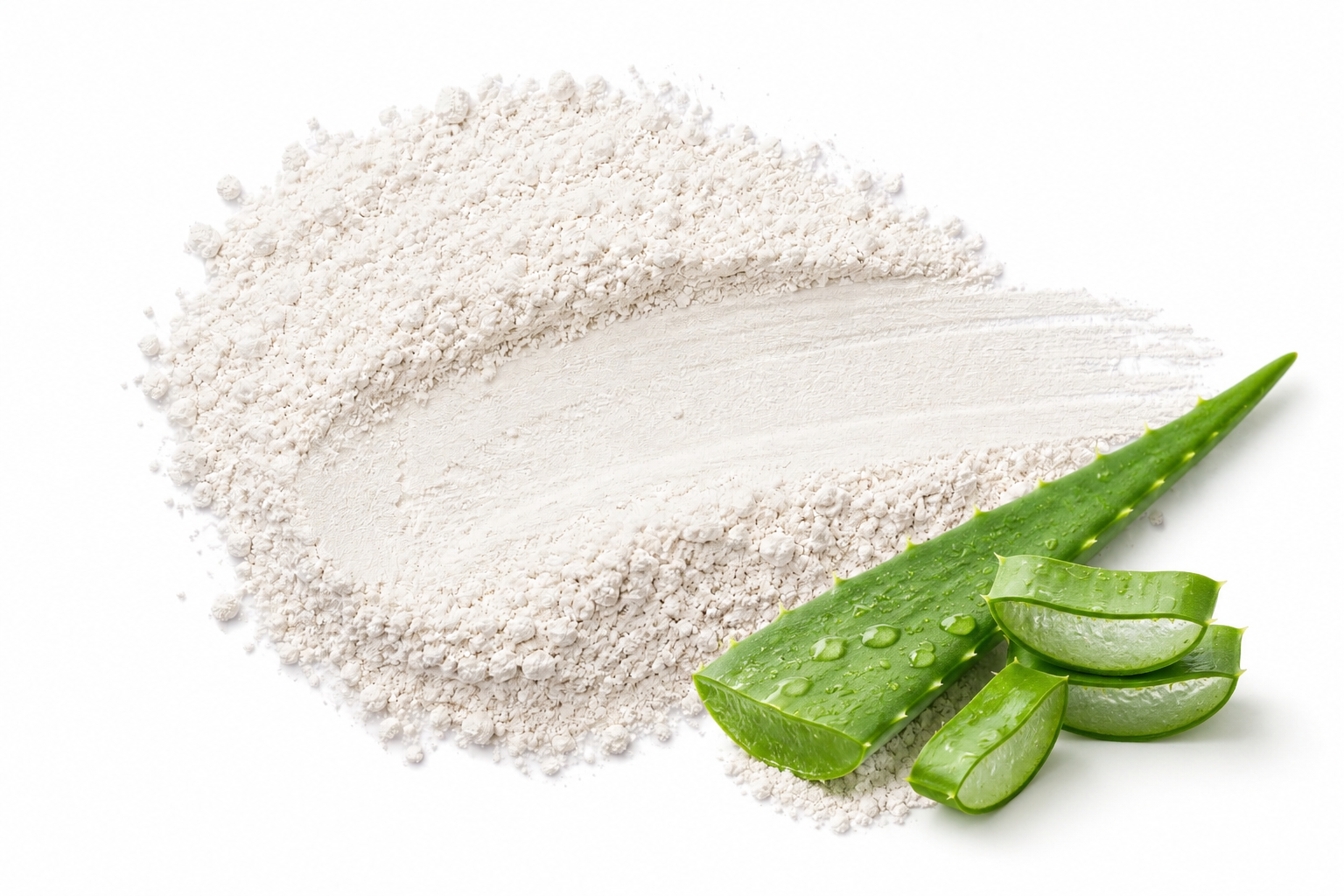 White powder and green aloe vera leaves on a white background