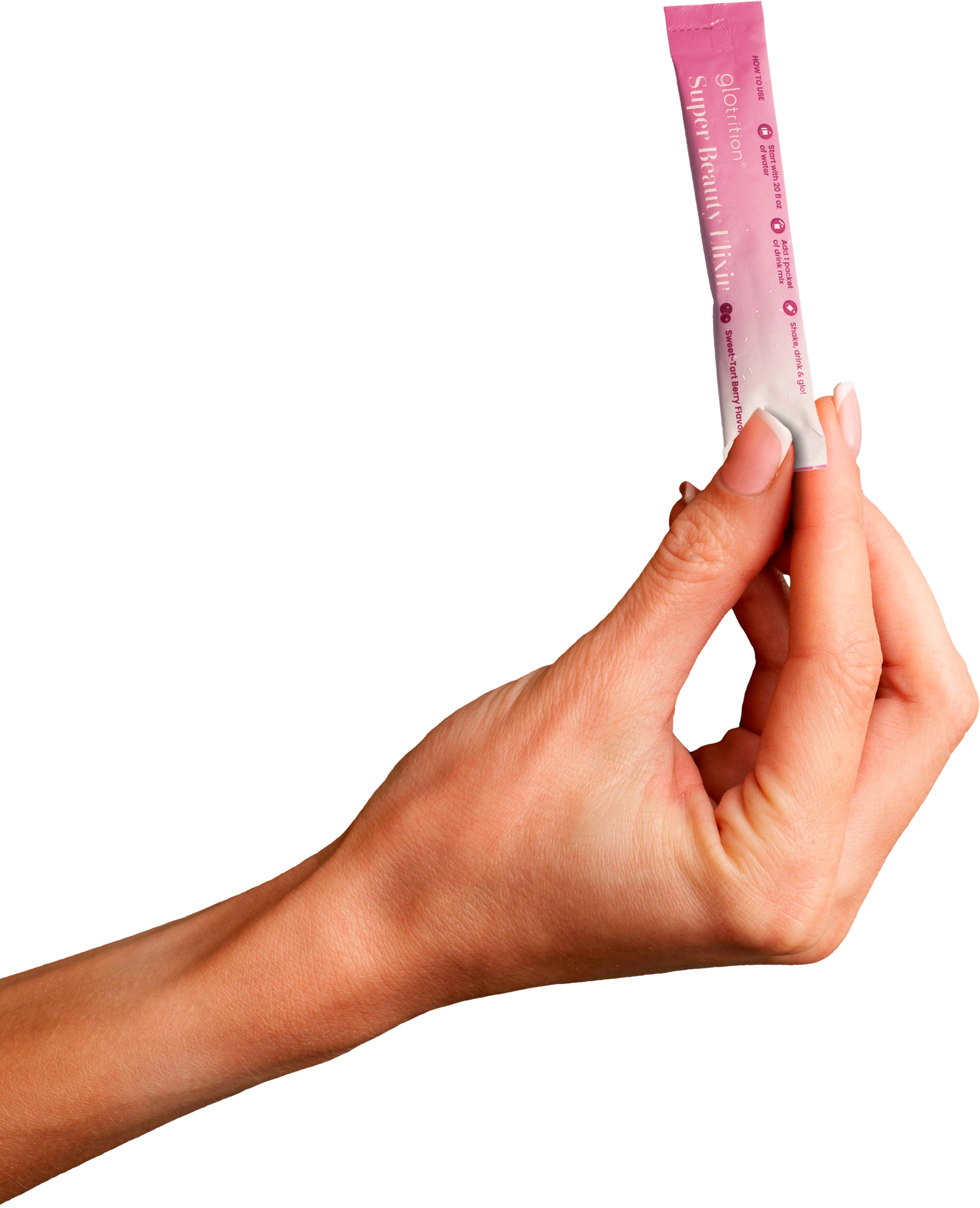 Hand holding Super Beauty Elixir packet with text on a white background